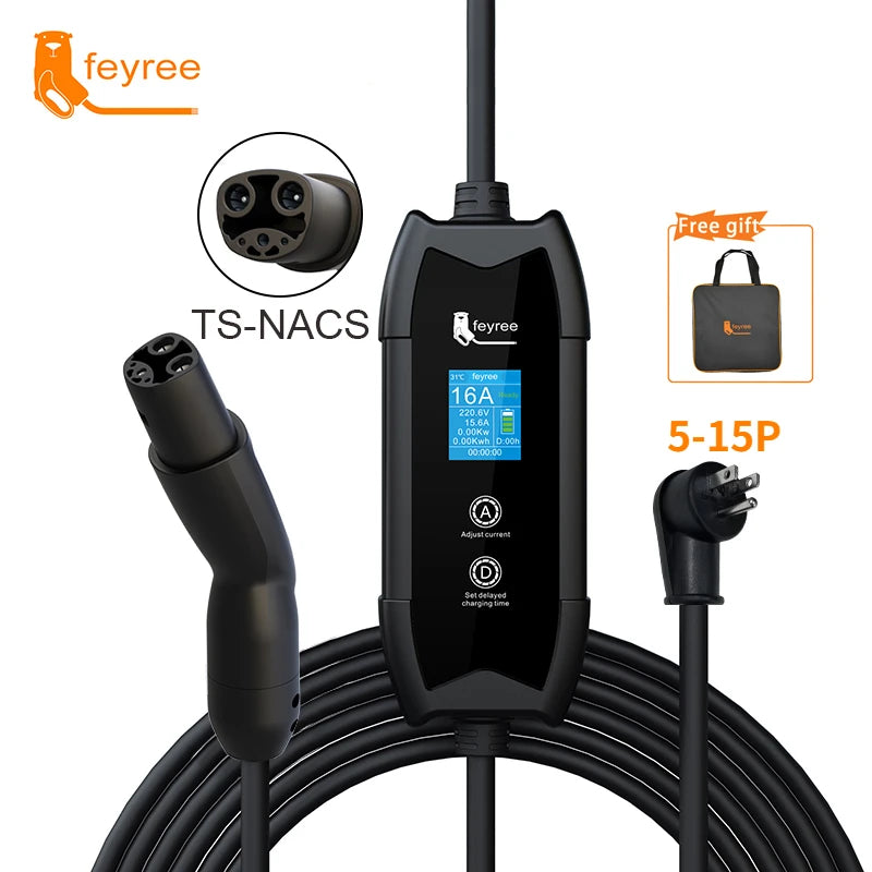 feyree EV Charger Portable 3.5kW Tesla NACS Charger Plug 1.8" LCD Screen with Set Delay Schedule Charging Station for Tesla Cars