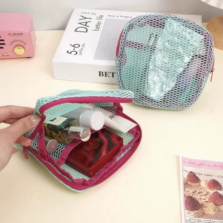 Net fabric large-capacity bag, handcrafted colorful portable data cable organizing cosmetic storage bag