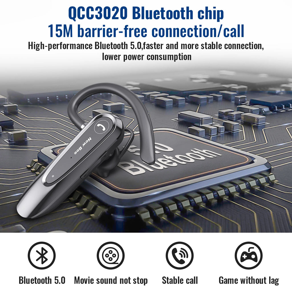 New Bee B45 Wireless Bluetooth Headset Earphones V5.0 Headphones with Dual Mics CVC8.0 Hands-Free Earpiece for Driving Business