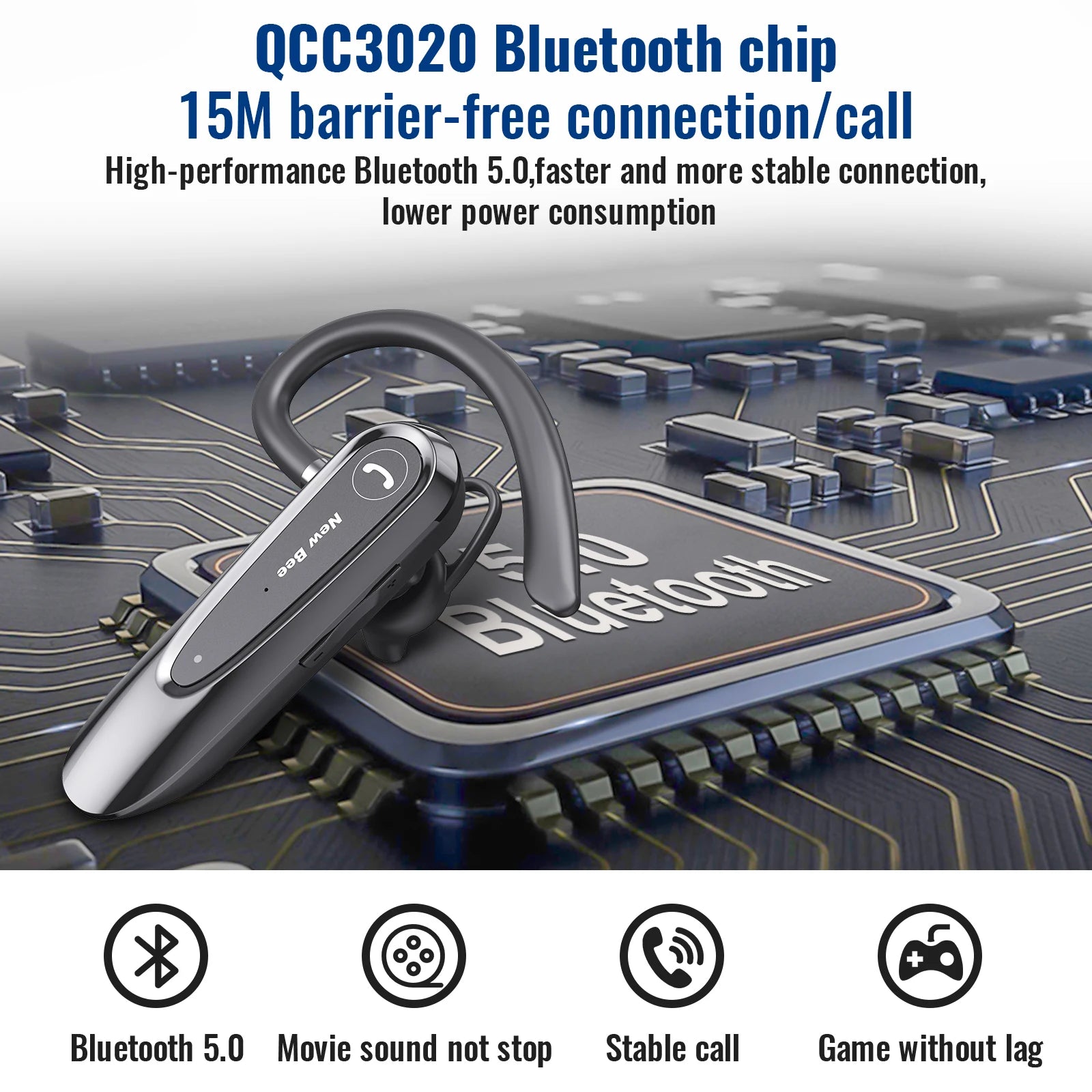 New Bee B45 Wireless Bluetooth Headset Earphones V5.0 Headphones with Dual Mics CVC8.0 Hands-Free Earpiece for Driving Business