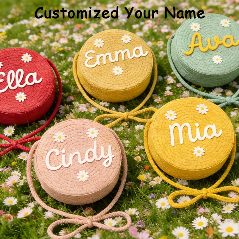 Personalized Name Daisy Straw Crossbody Bag Women Round Woven Shoulder Bag Summer Beach Handbag Gift