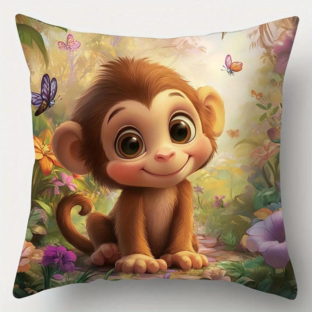 4-Piece Printed Pillowcase Set – Safari Animal Theme with Elephants, Monkeys, Lions & Zebras