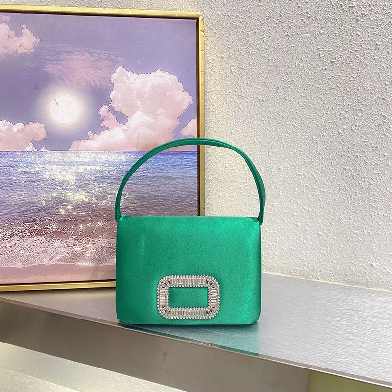 Luxury Diamond Square Button Women's Evening Bag Party Clutch Purses Satin Rhinestone Small Square Bag Chains Shoulder Bag Bolsa