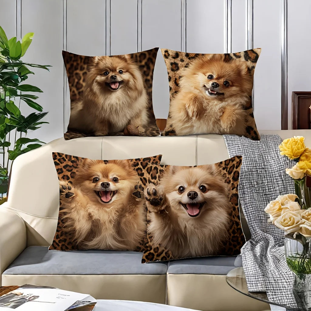 4PCS Pomeranian Pillow Covers: Cute Dog Expressions. For Party, Holiday, Home, Car Decor (No Insert)