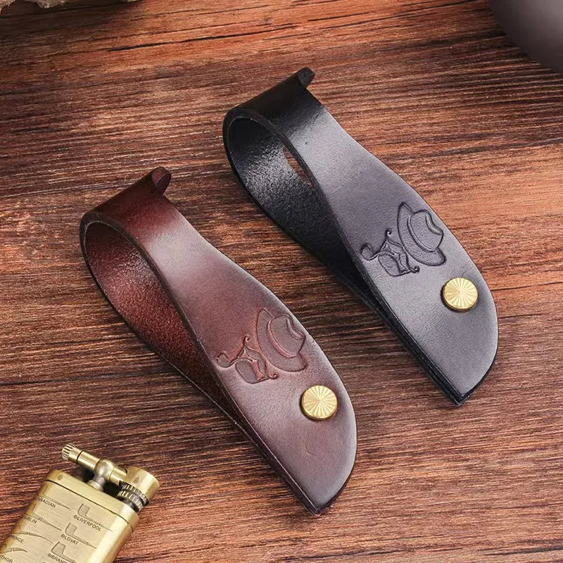 Genuine Leather Pipe Stand Holder - Retro Embossed Tobacco Pipe Rest with Brass Button for Smoking Pipe (Brown/Black)