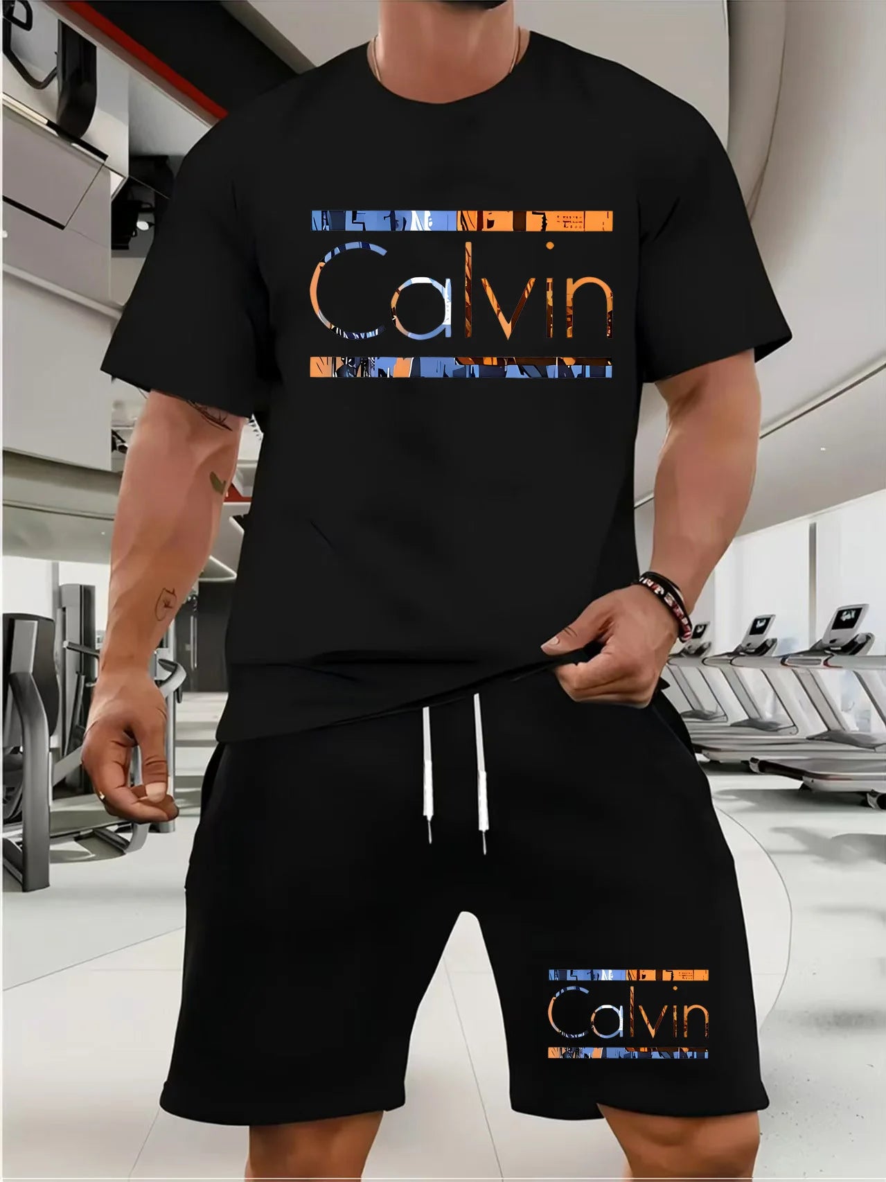 Men's T-shirt and shorts set summer casual loose and fashionable Calvin letter print comfortable round-neck short-sleeved T-shir