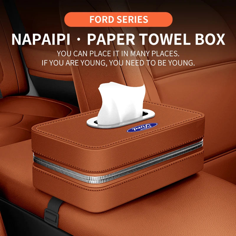 For Ford Mondeo Focus Explorer Escape Kuga Everest Bronco F-150 Ranger Transit Car-Mounted Leather Tissue Paper Storage Box