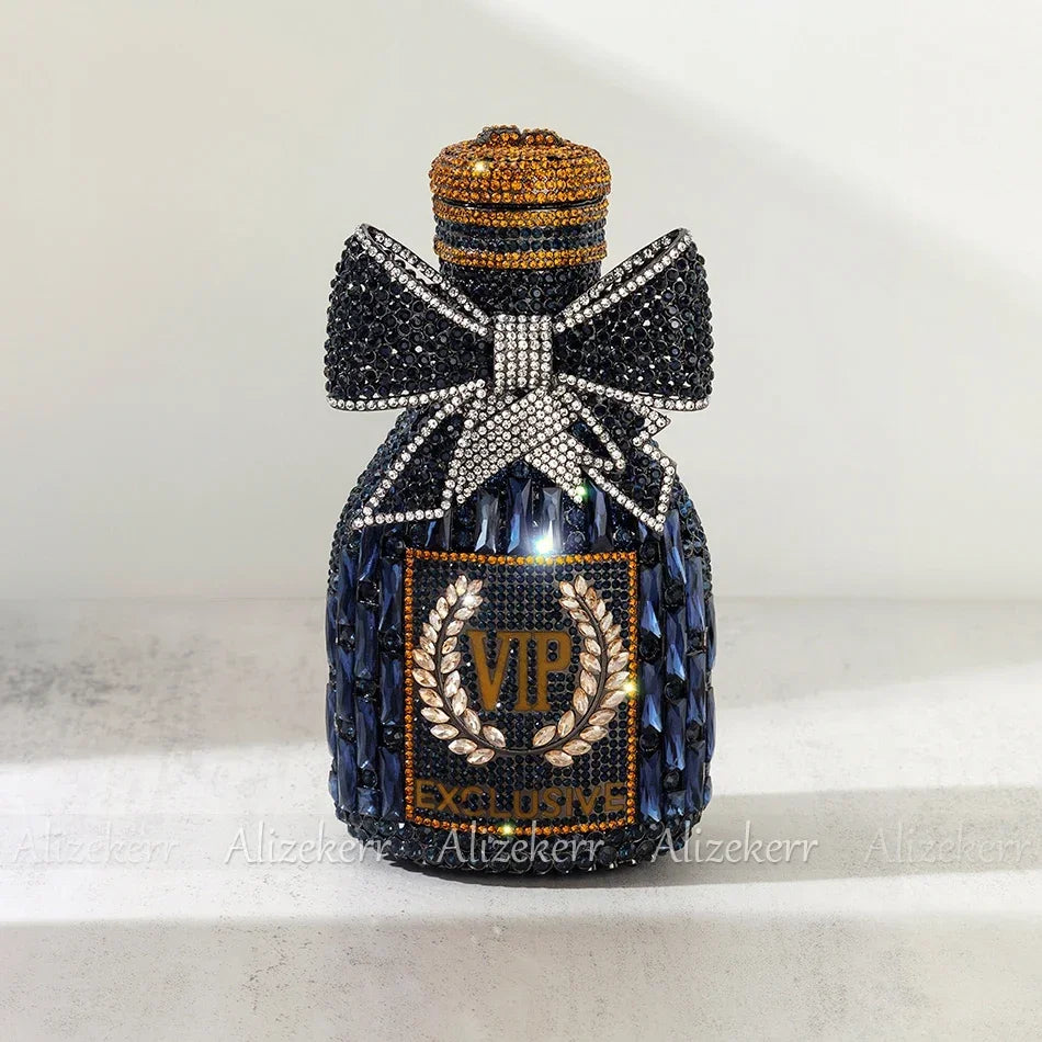 Alizekerr Champagne Bottle Shaped Bow Crystal Evening Bags Women Gorgeous Unique Bling Diamond Metal Clutch Purses Wedding Party