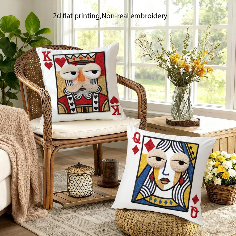 Quirky Game Room Style Pillow Covers, Playing Card Jack Queen King Ace with Plush Face Print Cushion Cases, Cozy Home Decor