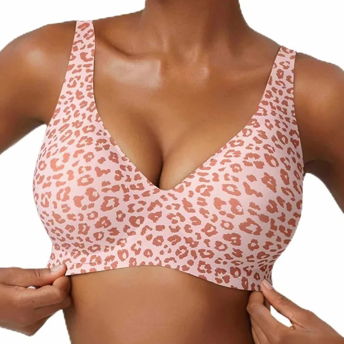 Women's Seamless Pink Leopard Print Bra Wire-Free Bra Full Cup Soft Thin Mold Support Breathable and Beauty Deep V Plus Up Bra