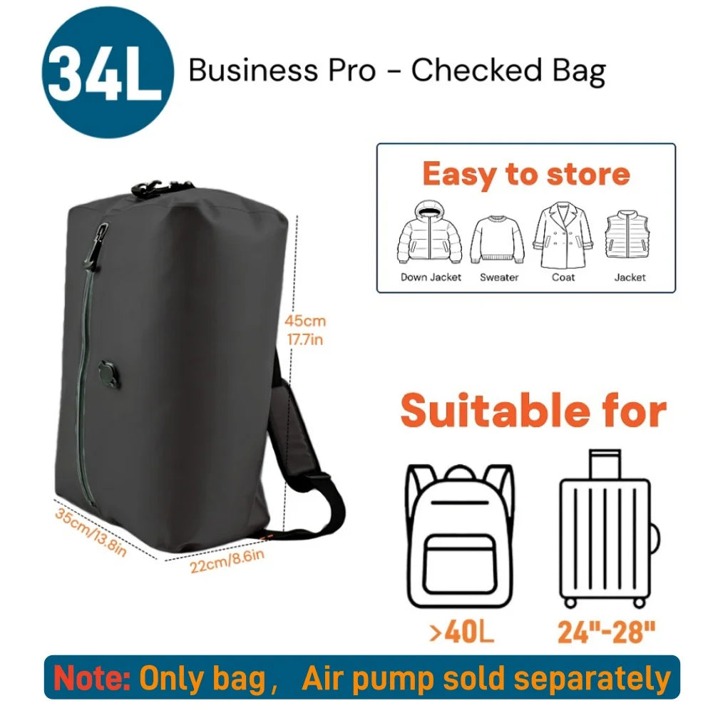 Vacuum Storage Bags 34L TPU Polyester IP67 Backpack Compression Bag 1200mAh Electric Pump Inflate Deflate Wearable Travel Black