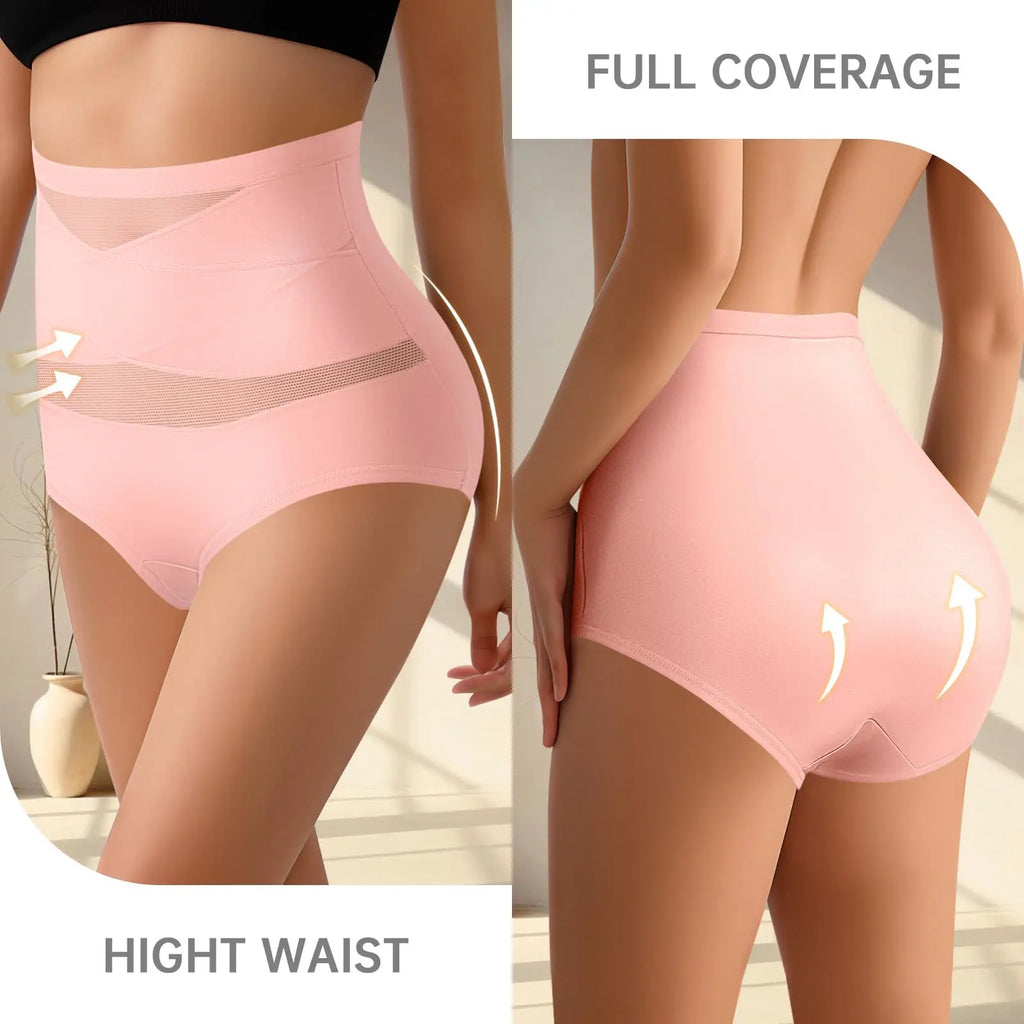 6pcs Plus Size High Waisted Tummy Tightening Ladies Panties Breathable Mesh Cross Hip Lifting Ice Silk Traceless Women's Panties