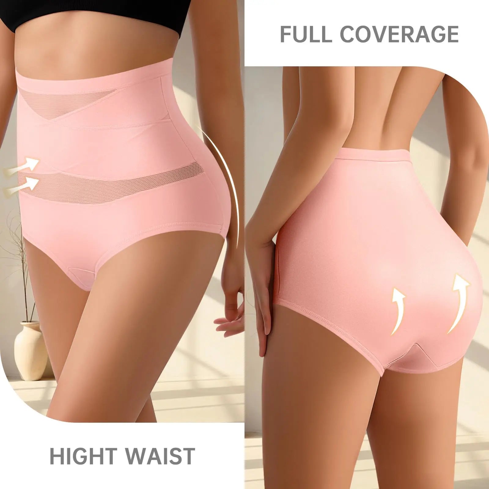 6pcs Plus Size High Waisted Tummy Tightening Ladies Panties Breathable Mesh Cross Hip Lifting Ice Silk Traceless Women's Panties