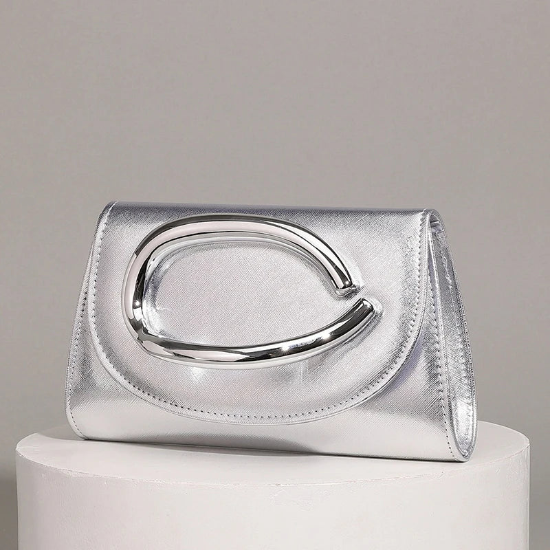 Women's Elegant Metallic Evening Clutch Bag, Luxury Party Purse, Crossbody Handbag With Chain Strap For Wedding Prom Banquet