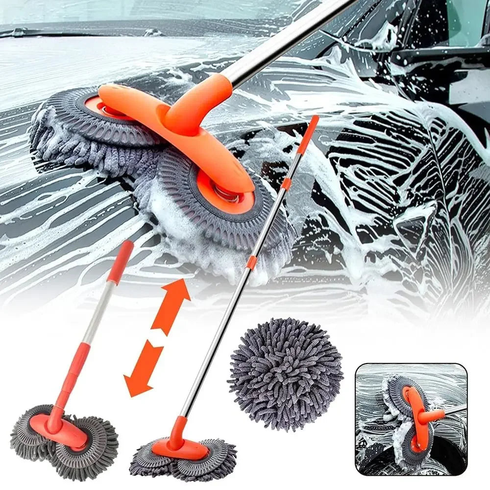 Car Washing Mop with Rotating Double Brush Head Telescopic Retractable Design Double Layer Car Wash Brush for Easy Cleaning