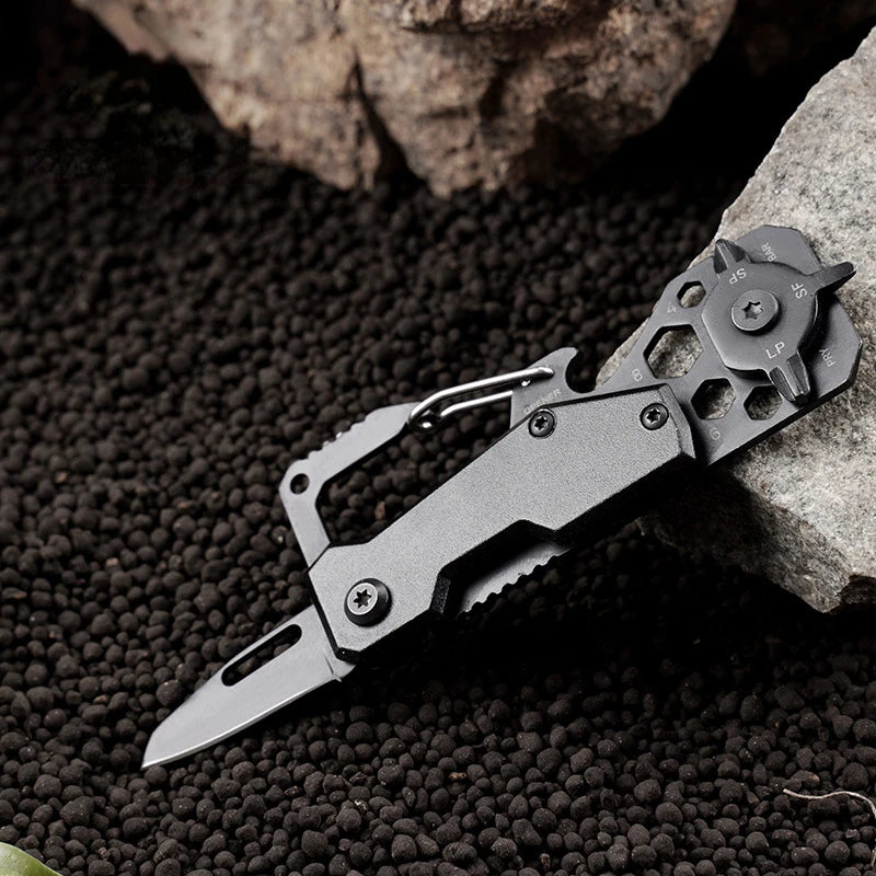 Portable Outdoor Multifunction Folding Knife High Hardness EDC Tool with Key Ring Can Opener and Ruler for Camping Hiking