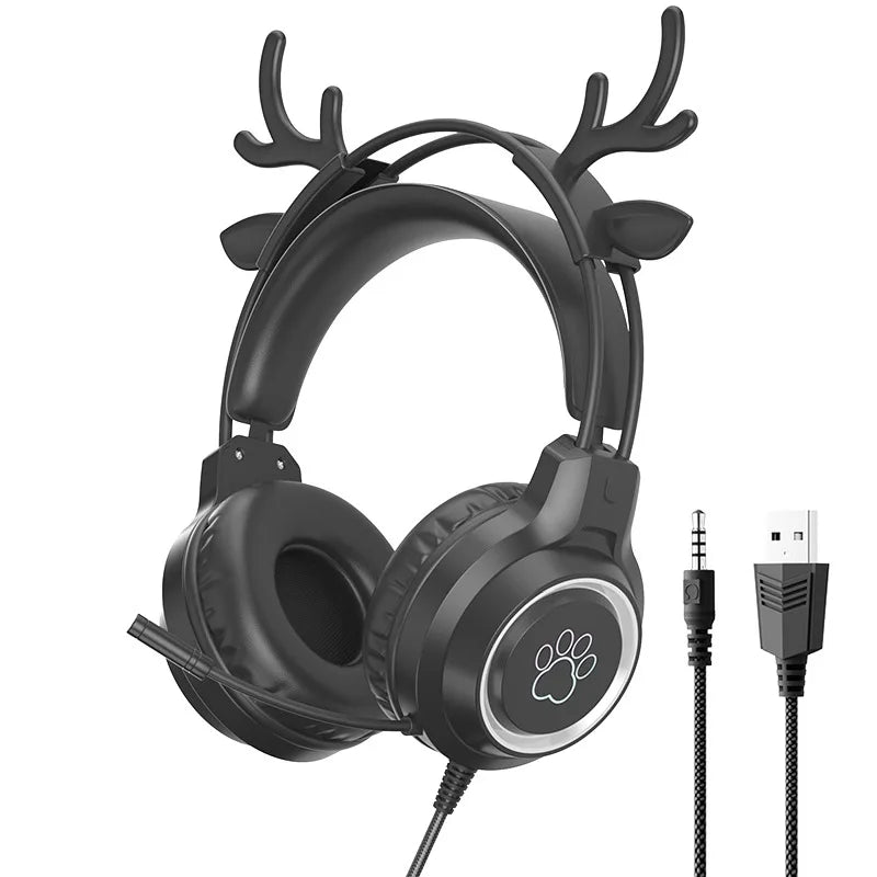 RGB Gaming Earphones with High-Definition Flexible Microphone 3.5mm Gaming Earphones Detachable Cat Ears and Deer Antlers