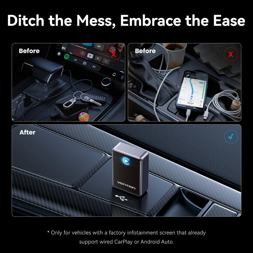 Vention 2in1 Wireless CarPlay Adapter Android Auto For OEM Car Plug and Play AI Smart Box WiFi Bluetooth Auto Connection
