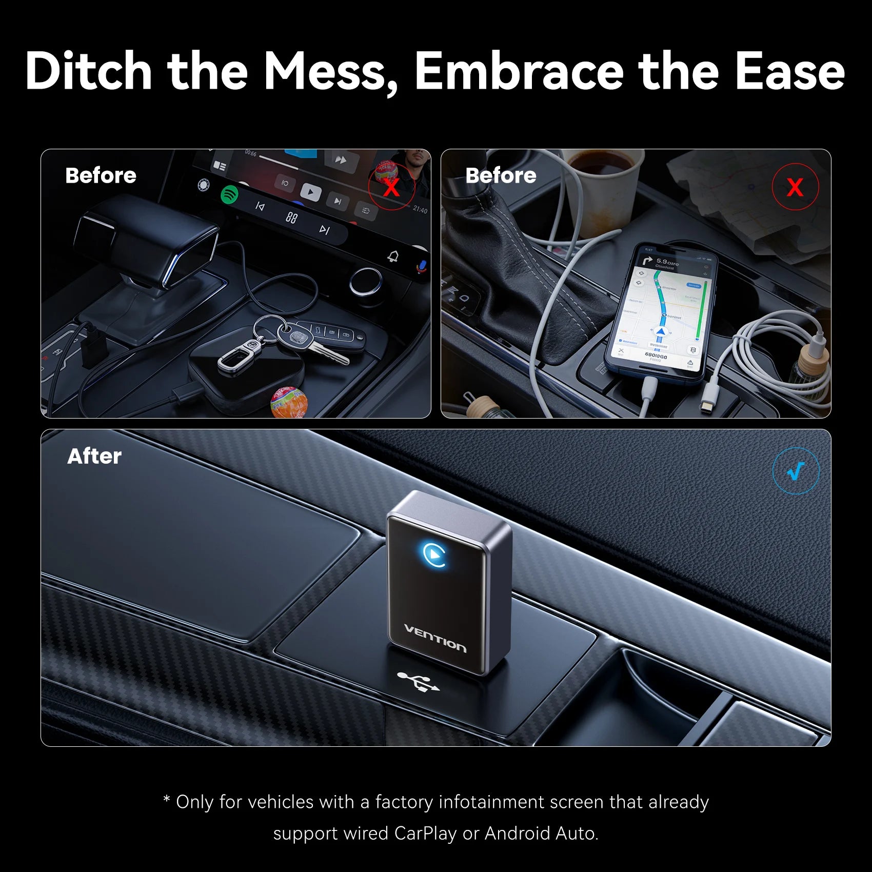 Vention 2in1 Wireless CarPlay Adapter Android Auto For OEM Car Plug and Play AI Smart Box WiFi Bluetooth Auto Connection
