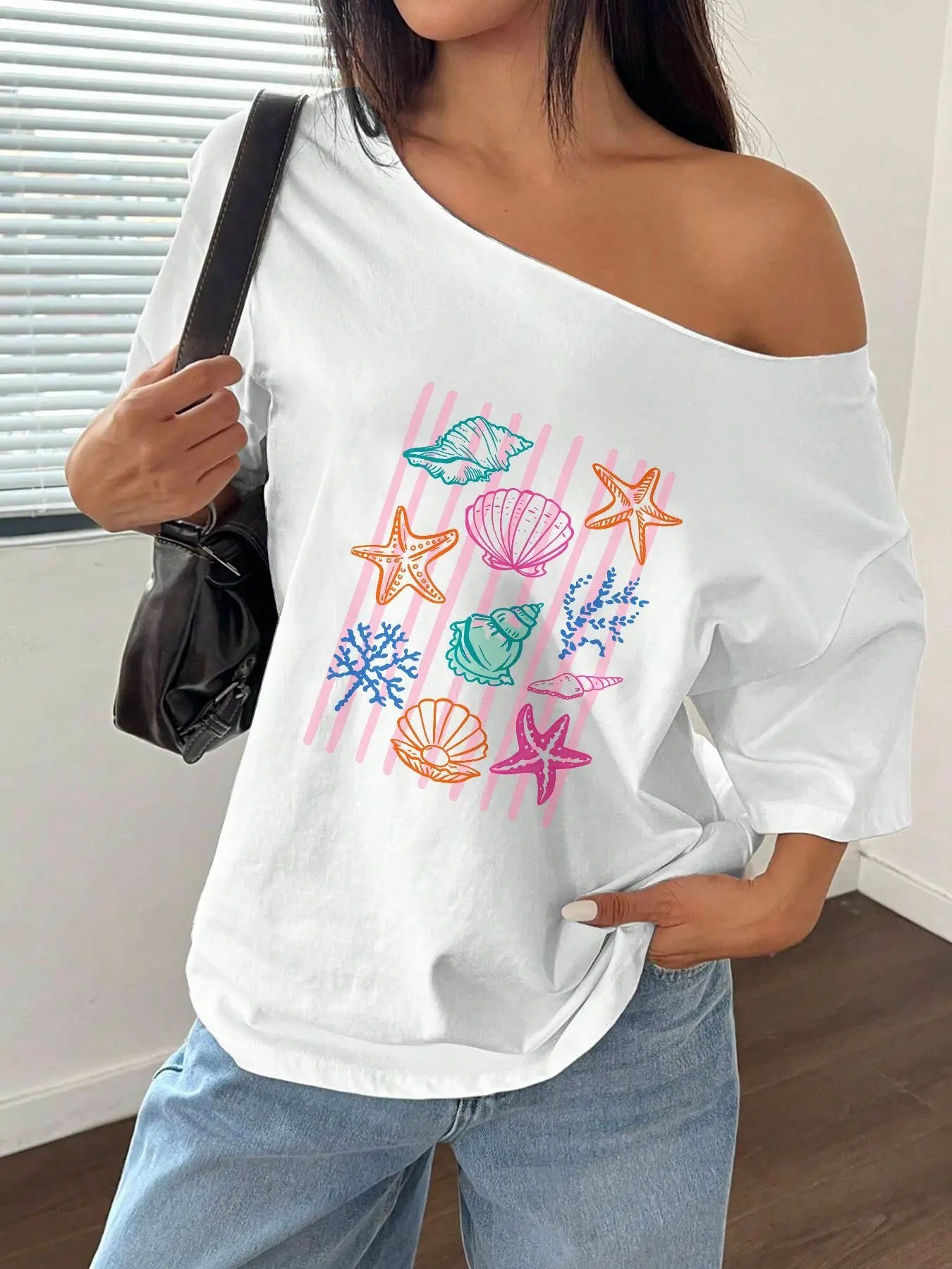 100% Cotton Plus Size Sea Shell Starfish Print Shoulder Loose Print T-Shirt Oversized Y2K Style Graphic Tees Women Tops Summe