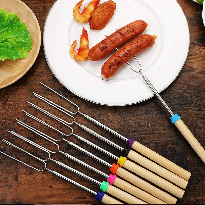 D2 8Pcs Barbecue Skewers Camping Supplies Extendable Roasting Sticks Grill Stainless Steel BBQ Grill Telescoping Smores Skewers
