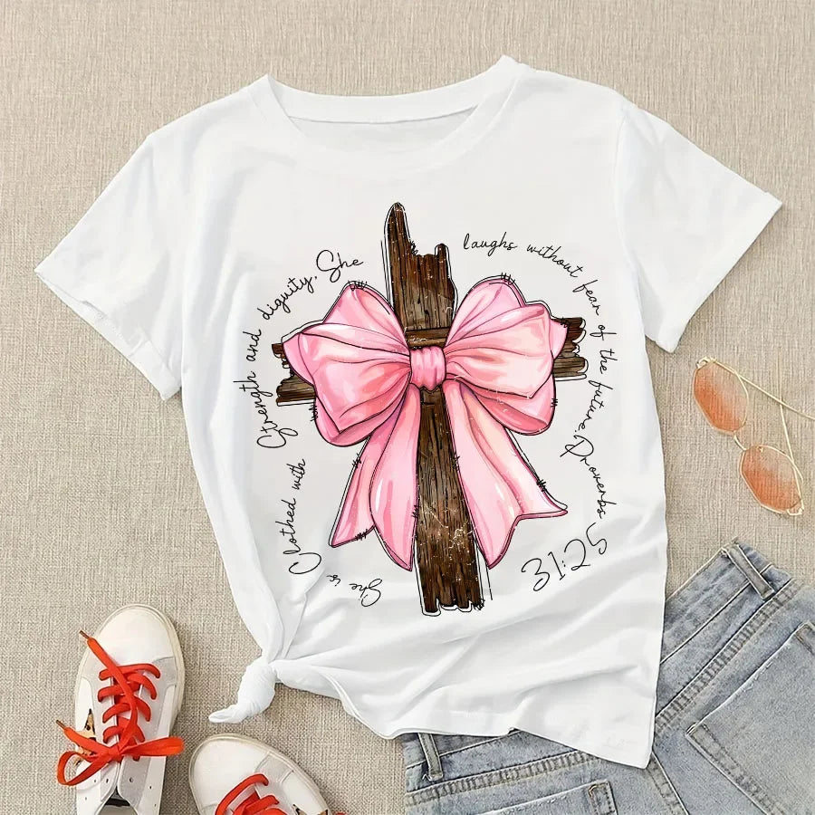 Plus Size Women Tshirt Bow Cross Proverbs Christian Bible Verse T-shirts Short Sleeve Cotton Graphic Tops Tees Female Clothing