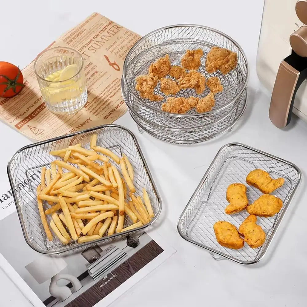 1Pc Air Fryer Rack Stackable Grilling Rack Stainless Steel Grill Basket Non-Stick Airfryer Tray Wire Rack Basket Kitchen Gadgets