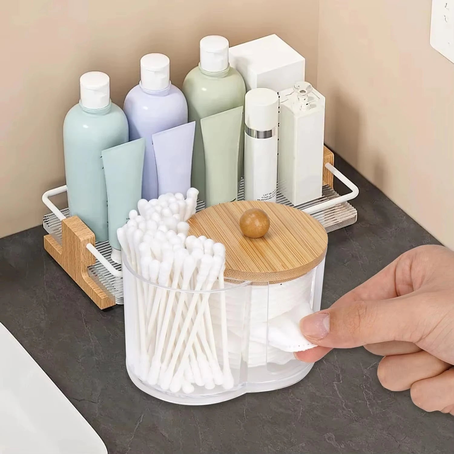 Holder with Dual Compartments - Clear Cotton Swab and Cotton Balls Organizer - Transparent Bathroom Storage Container for Makeup