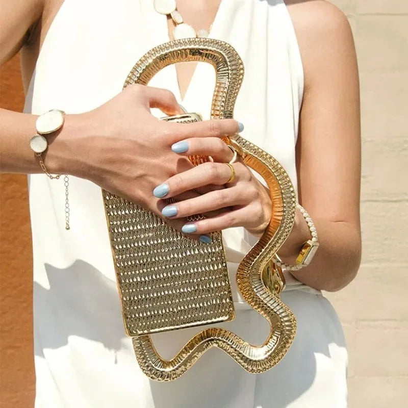 Luxury Evening Bag Designers Original New Unique Wavy Cloud Shaped Handle Box Clutch Bag Metal Textured Hard Shell Shoulder Bag
