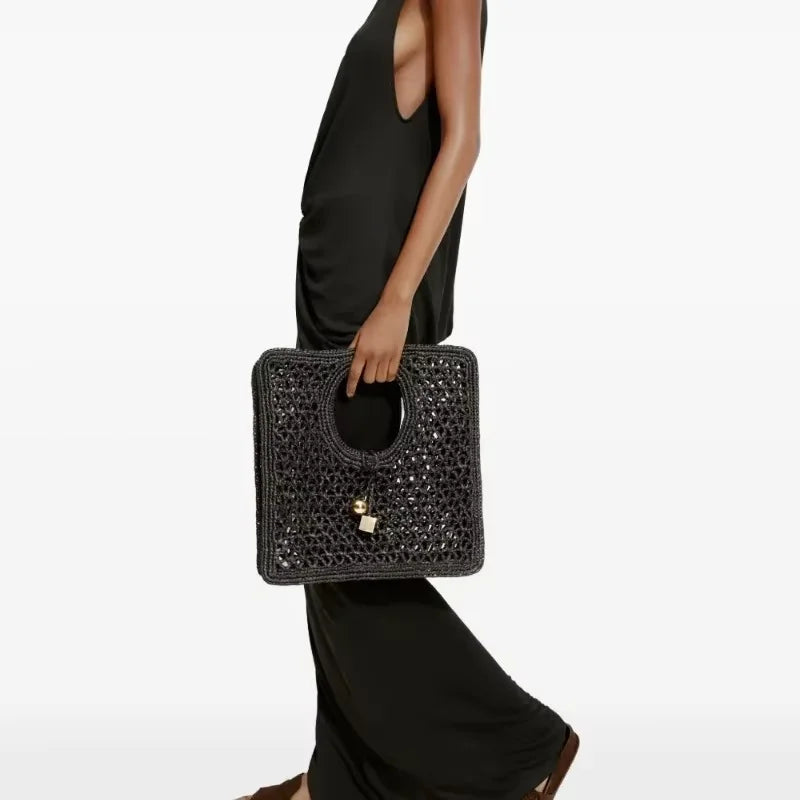 Interlocking-closure Tote Bag Women Black Flat Woven-raffia Luxury Designer Handbag New Gold Metal Rond-carré Charms Female Bags