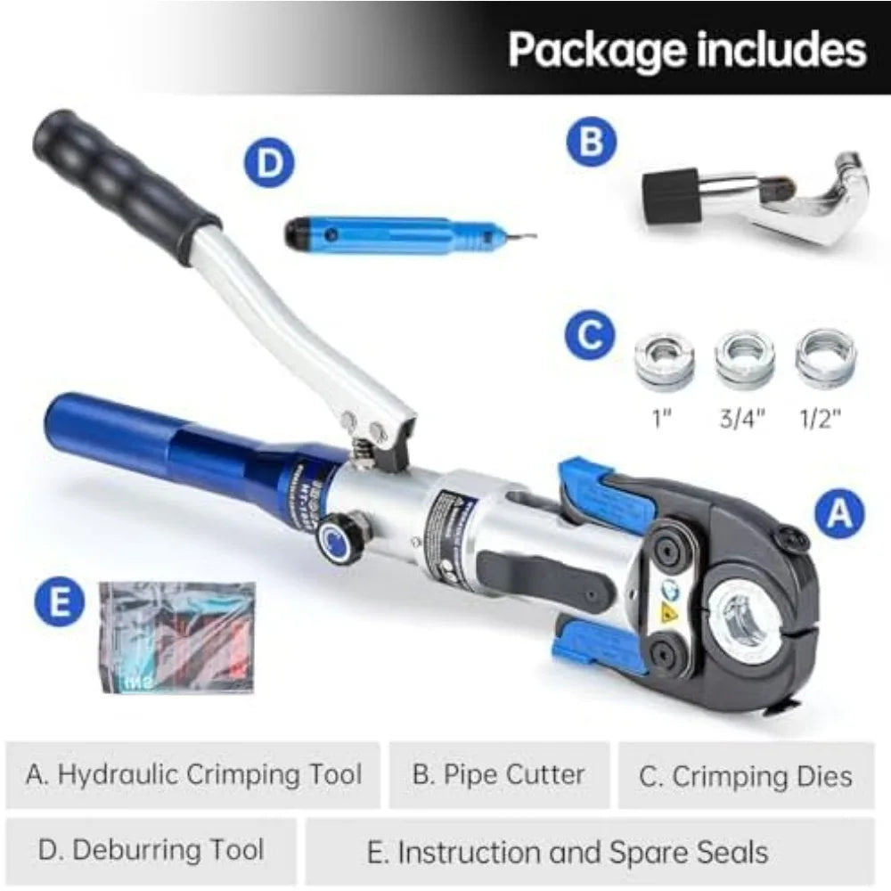 Pro Press Crimping Tool for Copper Pipe 1/2, 3/4, 1 Inch, 350° Rotatable Head, Includes Cutter & Deburring Tool