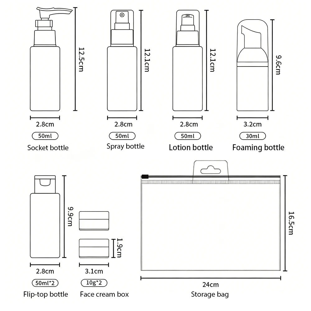 11Pcs Set Refillable Travel Bottles Kit Leak-Proof Portable Clear Travel Cosmetic Containers for Shampoo Lotion Spray Foam Pump