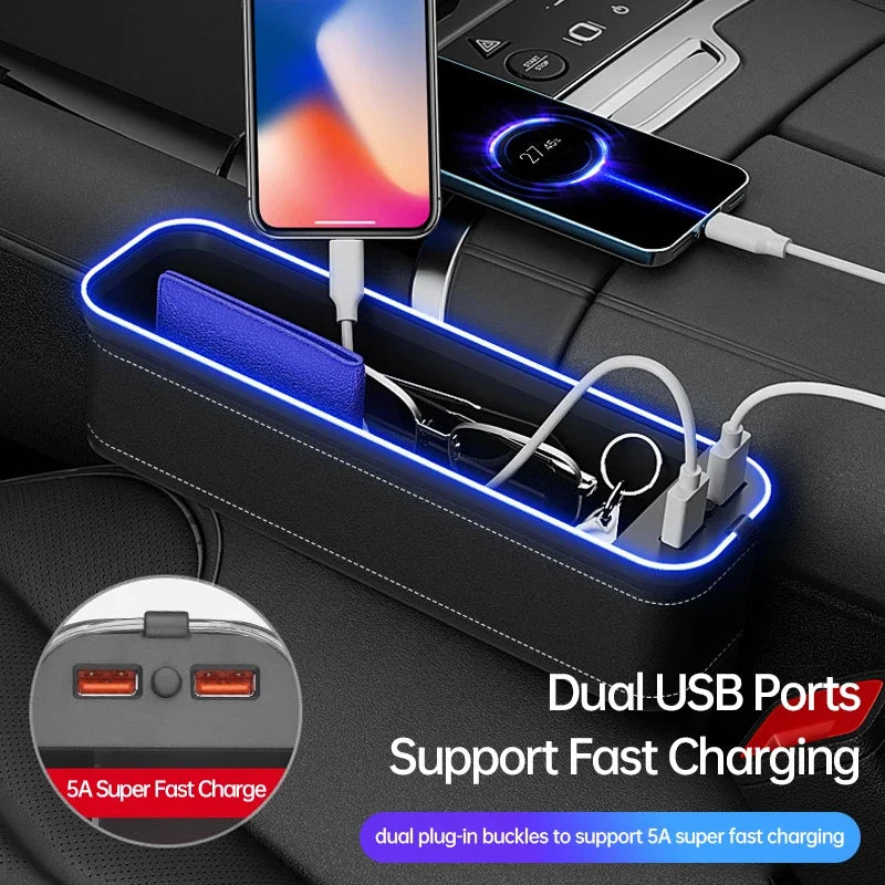For Porsche Cayenne Panamera Macan 718 Boxster 958 911 Car Crevice Storage Box With 2 USB Charger Colorful LED Seat Organizer