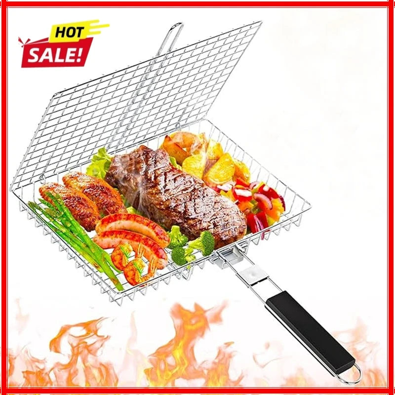 Portable Metal iron Folding Grill Basket BBQ Grill Basket With Handle for Fish Vegetables Shrimp Cook Accessories Outdoor