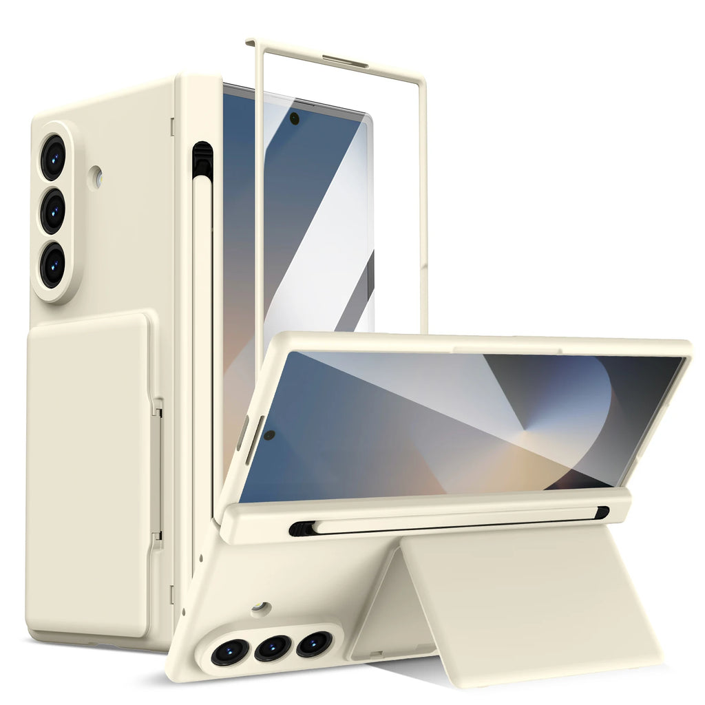 Hinge Wallet Card Slot Bracket Phone Case for Samsung Galaxy Z Fold 5 6 7 8Ultra with Screen Glass Protect Film S Pen Slot Cover