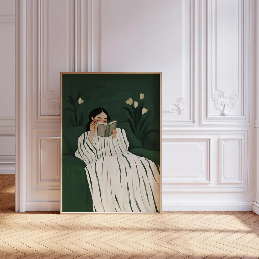 Emerald Green Woman Reading Folder Print Minimalist Abstract Canvas Wall Decor Unframed