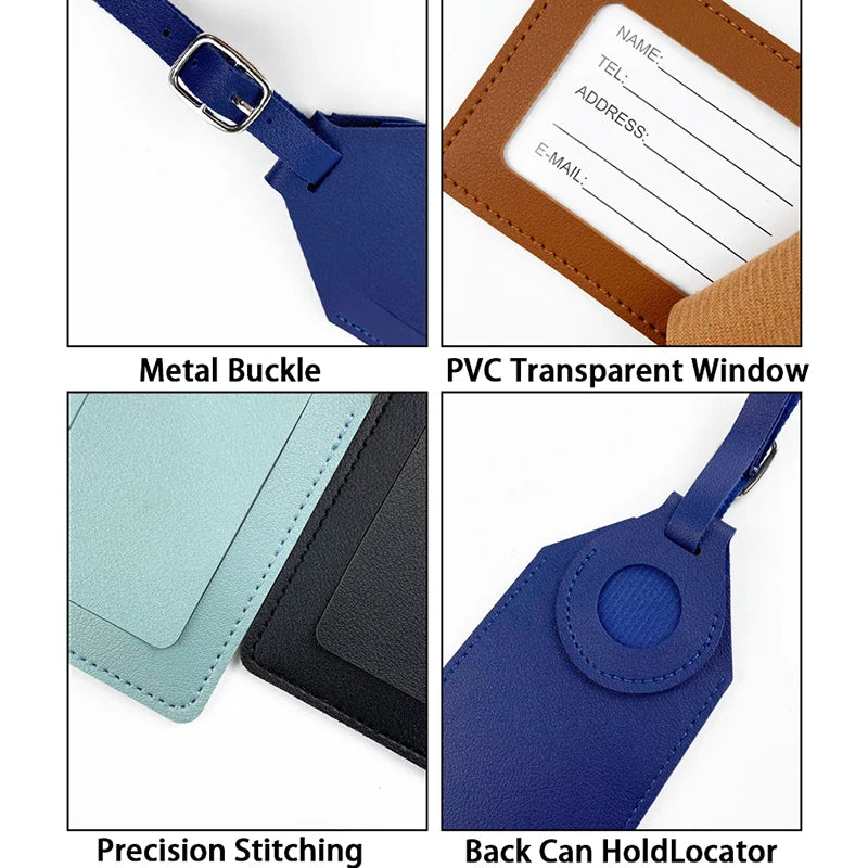 PU Leather Luggage Tag with Tracker Holder Privacy Flap ID Card Window Adjustable Buckle Travel Suitcase Name Label Accessories