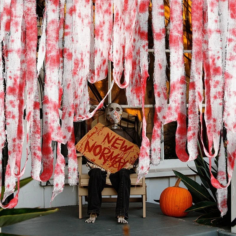 1PC Bloody Gauze Strips Roll with Caution Tape for Halloween Haunted House Decoration Creepy Crime Scene Party Props