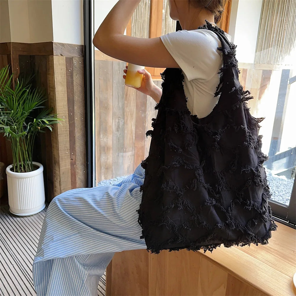 Tassels Diamond Women's Shoulder Bag Large Capacity Female Vest Shopping Bags Soft Canvas Ladies Commute Tote Purse Handbags