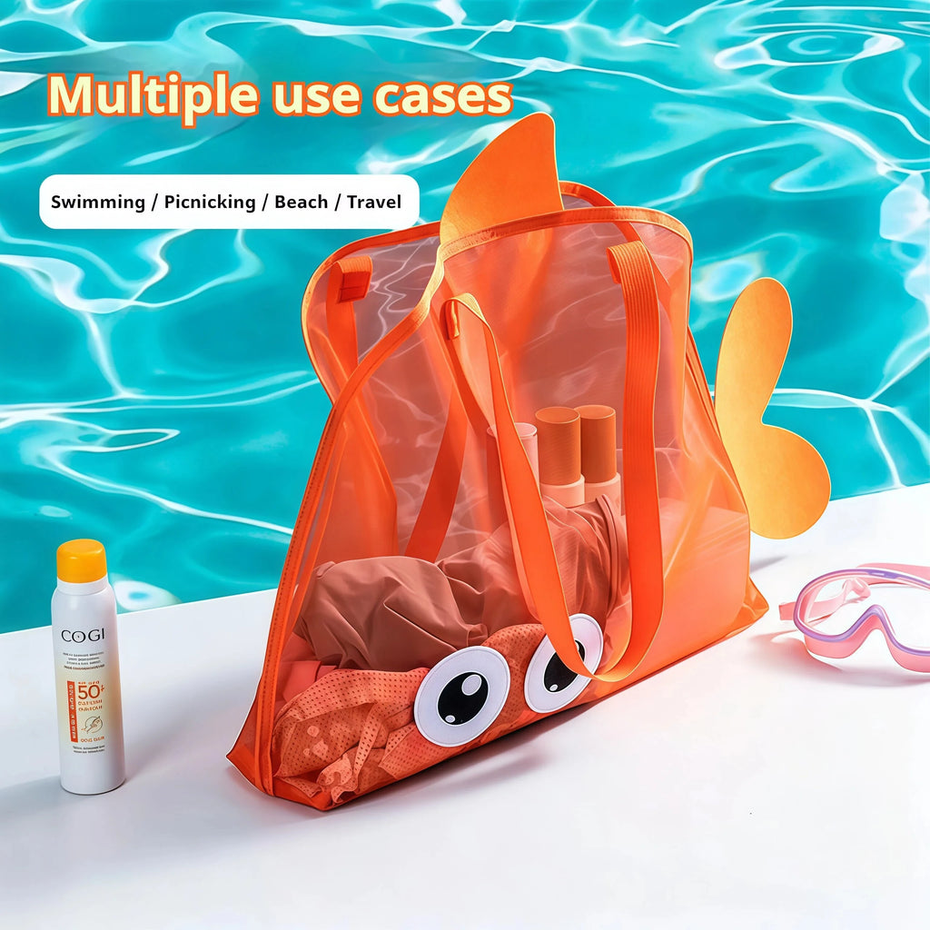 Kids Fish Shape Mesh Beach Bag Lightweight Toy Storage Bag Portable Handbag for Children Summer Seaside Pool Outdoor Organizer