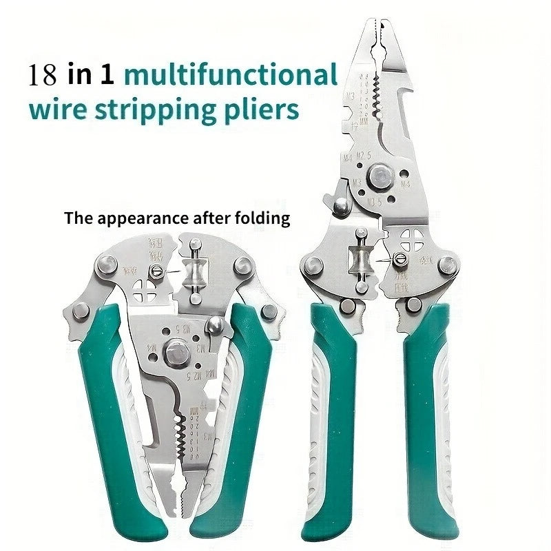 Industrial Grade 18-in-1 Foldable Wire Stripping Pliers Crimping Tool Heavy Duty Multifunctional Electrician Pliers for DIY