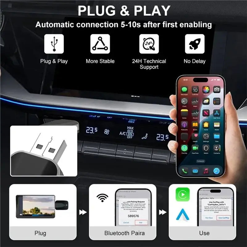 Universal 2026 2In1 Wireless Carplay Android Auto Adapter Plug And Play Connection For Nissan Vehicle