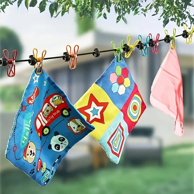 2-piece camping portable clothesline, equipped with 12 clothing clip on storage bags, camping accessories travel clothing line, can be used for indoor clothing drying or as outdoor camping supplies.