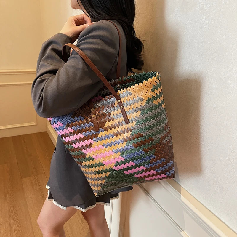 MOODS Braided Bucket Tote Bags For Women PVC Woven Design Colorful Fruit Basket Bag Big Capcity Shopper Tote 2025 Latest Handbag