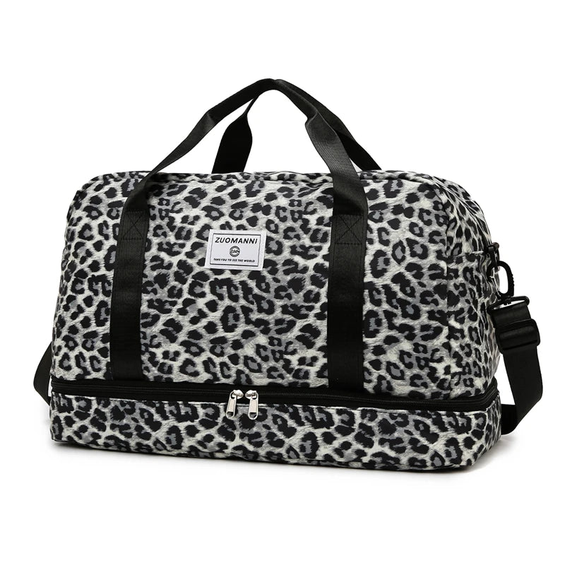 Leopard Print Carry On Travel Bag, Large Capacity Gym Bag With Independent Shoe Compartment, Weekend Overnight Duffel Bag