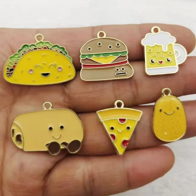 10pcs Drip Oil Alloy DIY Food Emoji Bag Accessories Burger Pizza Beer Bracelet Pendant Keychain Bag Pendant