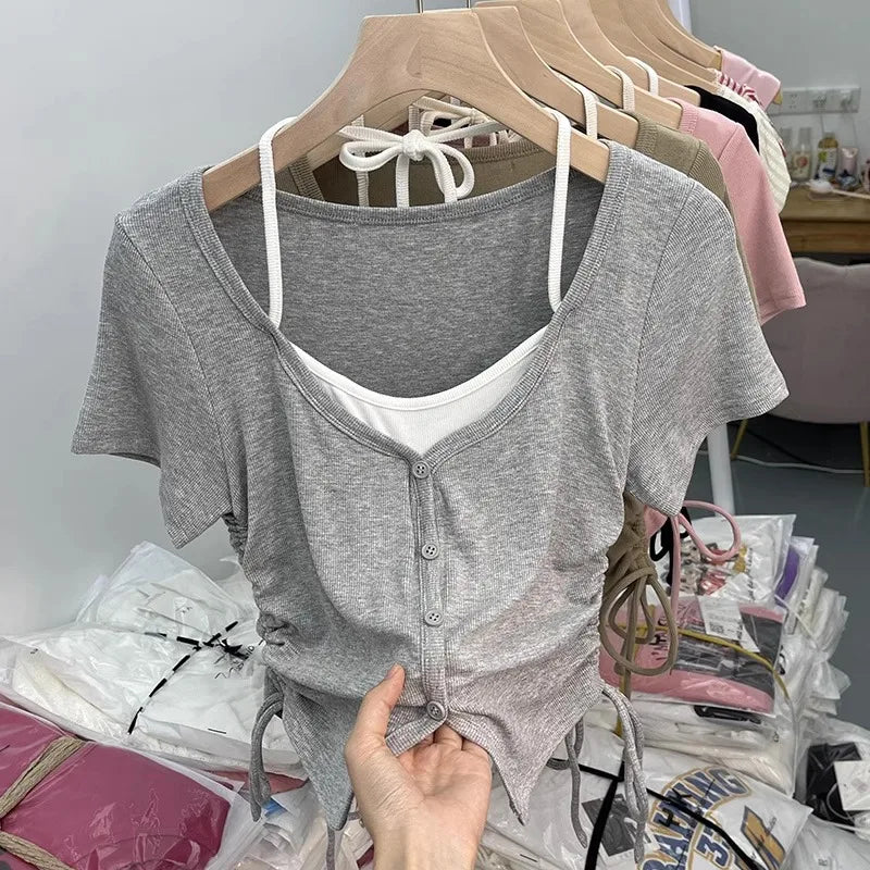 Sweet And Spicy Short Sleeve T-Shirt Neck Hanging Design Slimming Short Style Korean Version Commute Wind Women's Top