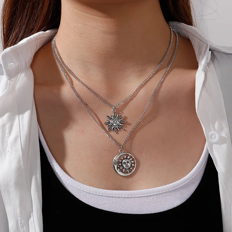 Vintage Multi Layered Moon Coin Moon Hamsa Hand Chain Necklaces for Women Boho Elephant Hearts Pendants Necklaces Jewelry