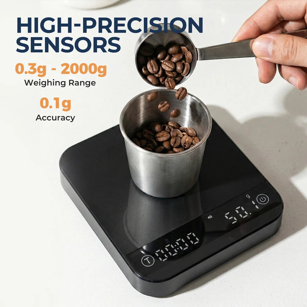 Coffee Scale 0.1g Precision 0.3g-2000g, Auto-Start Timer, Flow Rate & Ratio Modes, Tempered Glass