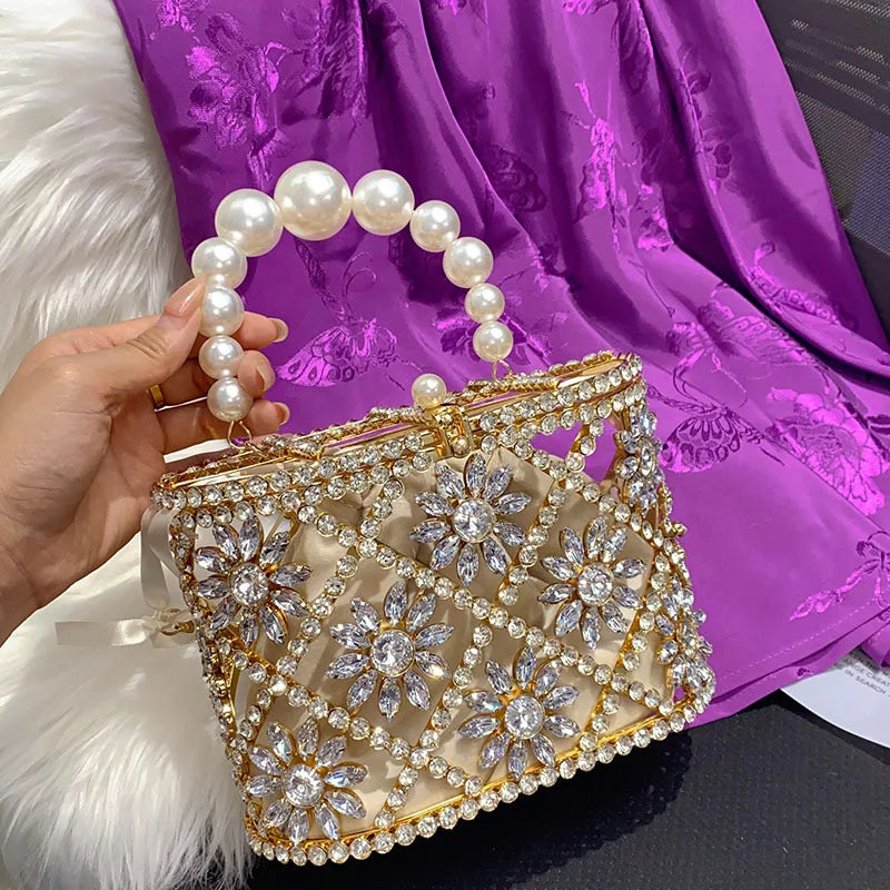 Luxury Hollow Out Metal Cage Bag Crystal Diamond Clutch Purse For Wedding Party Women Handbag Glitter Rhinestones Evening Bag